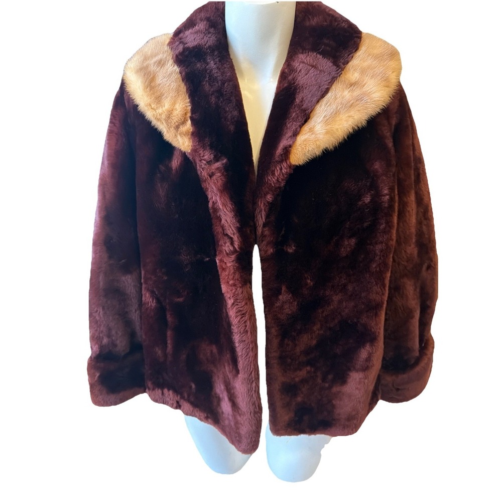Vintage 50s Genuine Mouton Plush Lamb Fur Mink Collar Short Cropped Jacket M L